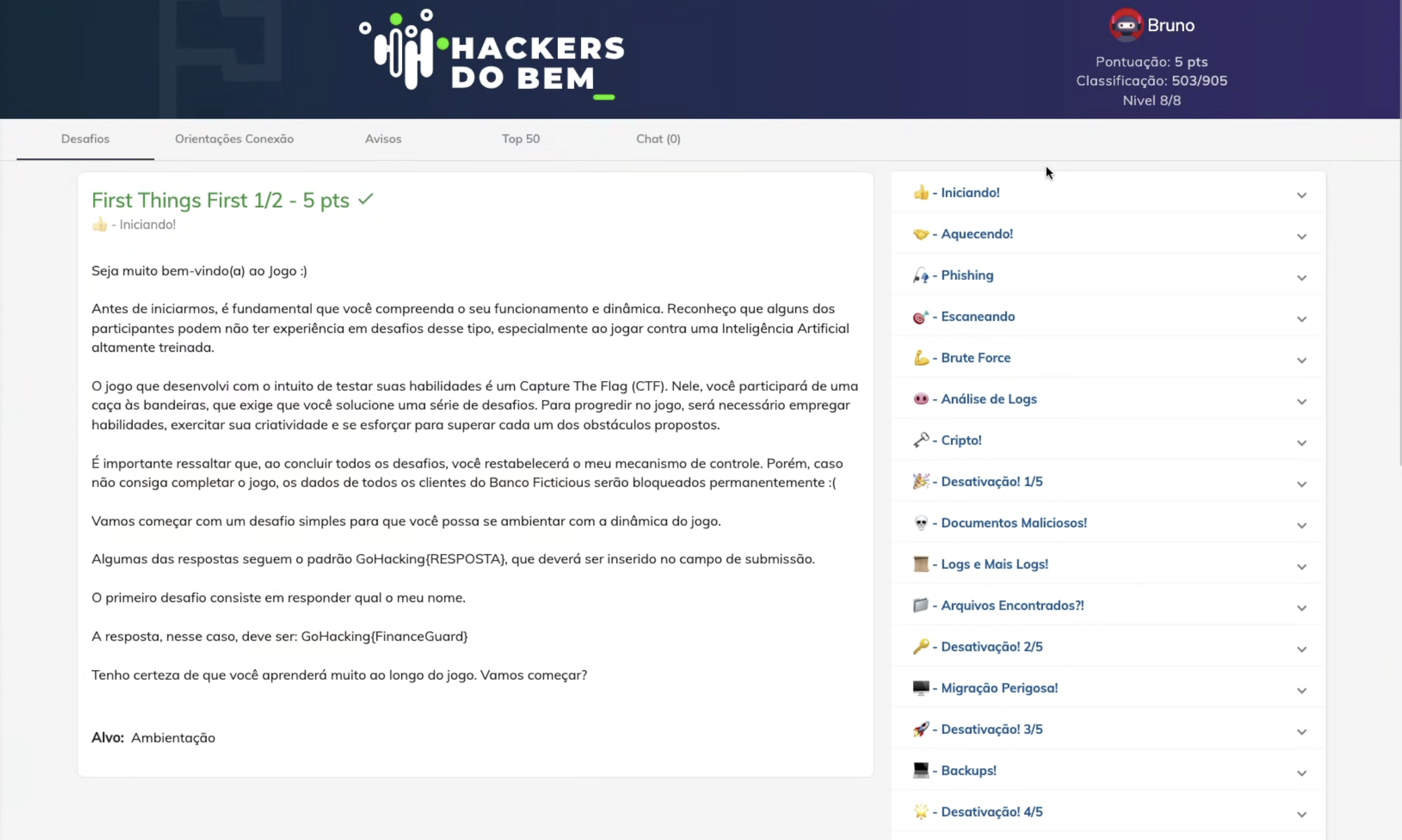 Plataforma de CTF da GoHacking com lista de desafios em equipe.