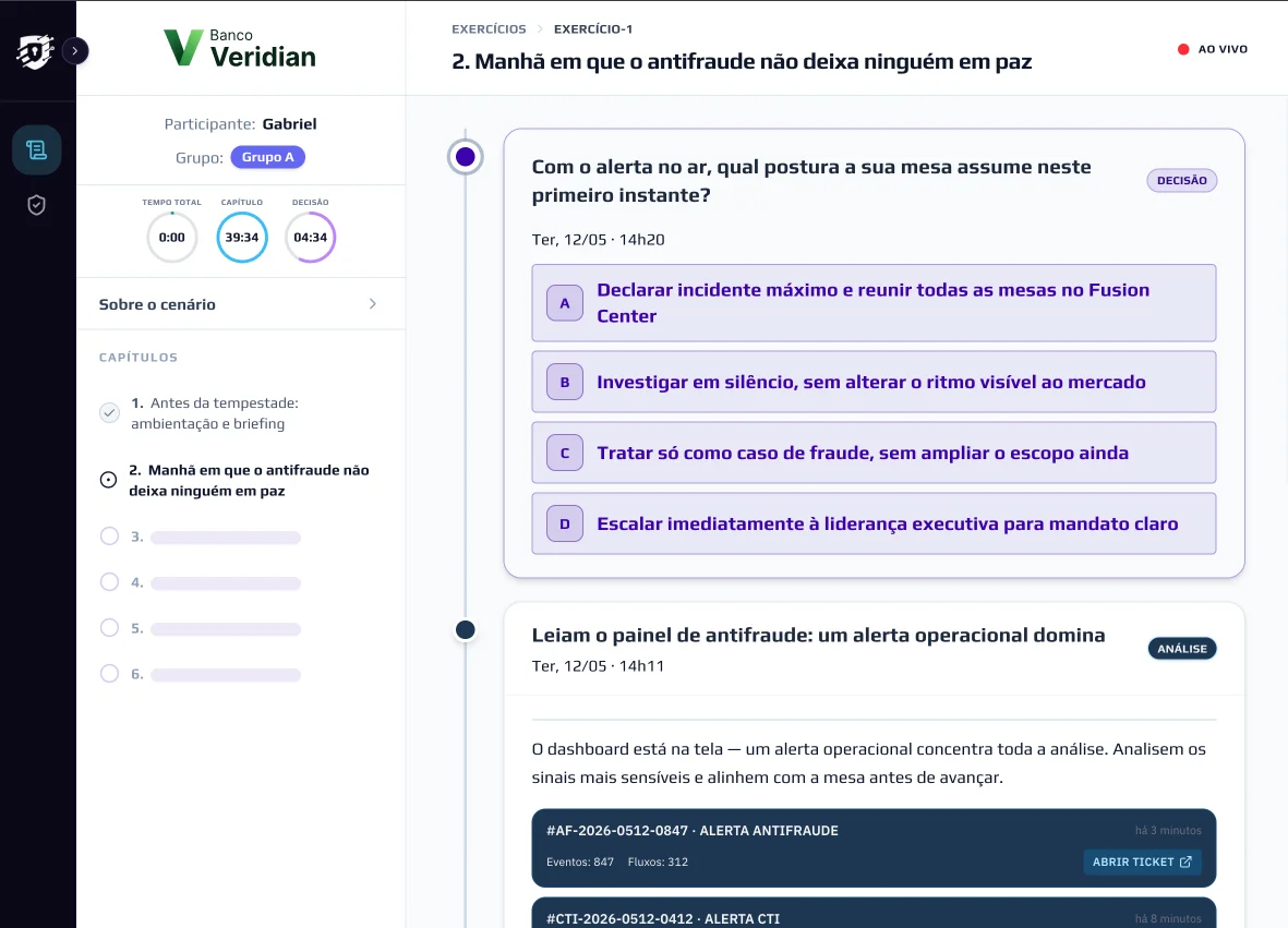 Tela do participante no tabletop: decisão no cenário Banco Veridian.