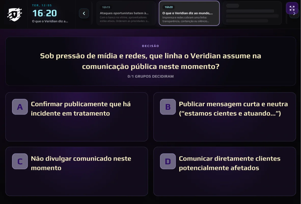 Tela da sala no tabletop: decisão coletiva projetada para o grupo no cenário Banco Veridian.